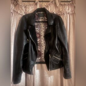Scotch & Soda Black Leather Biker Jacket with Patterned Lining